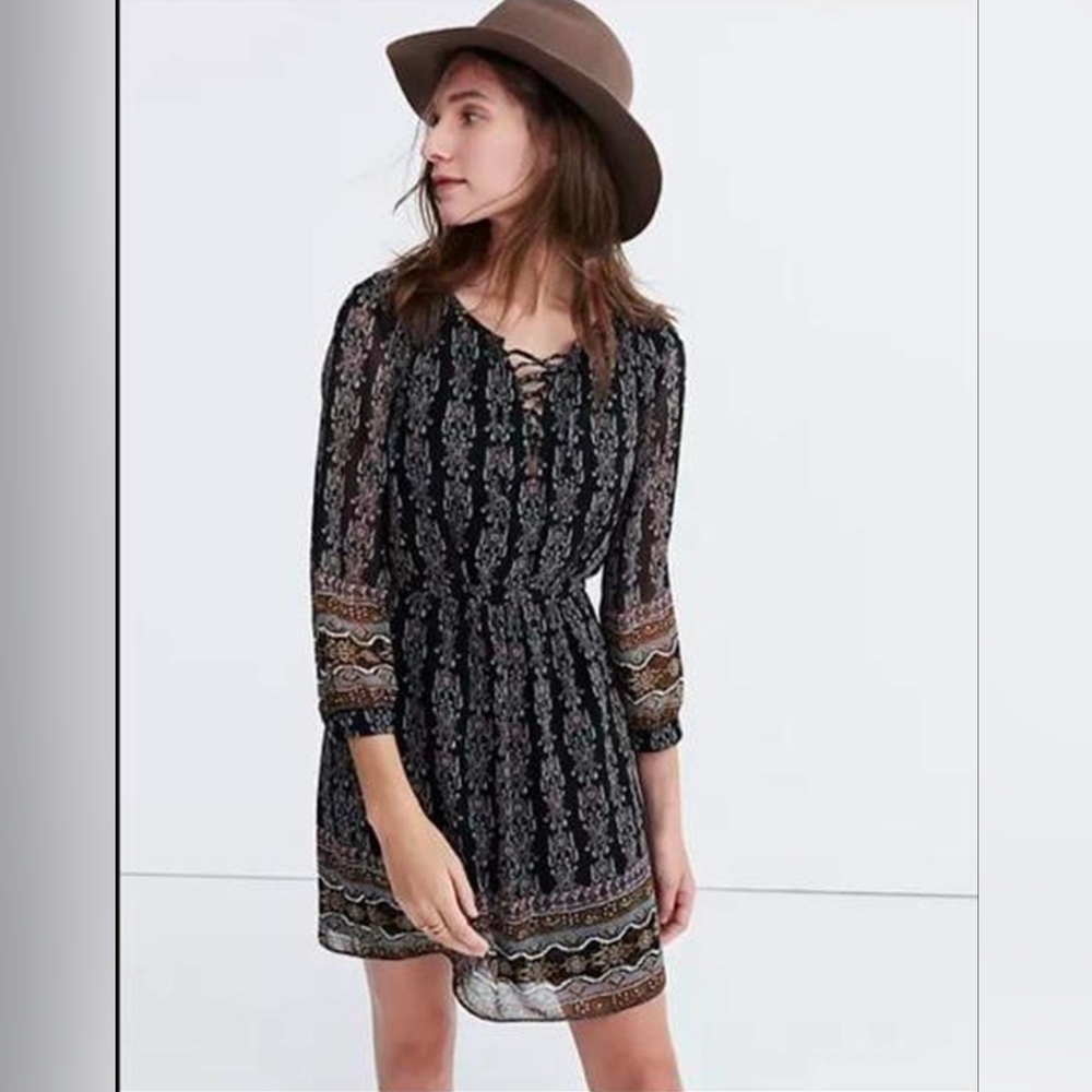Madewell Dress Black Multicolor Boho Paisley 3/4 Sleeve Lace Up Mini Siz…